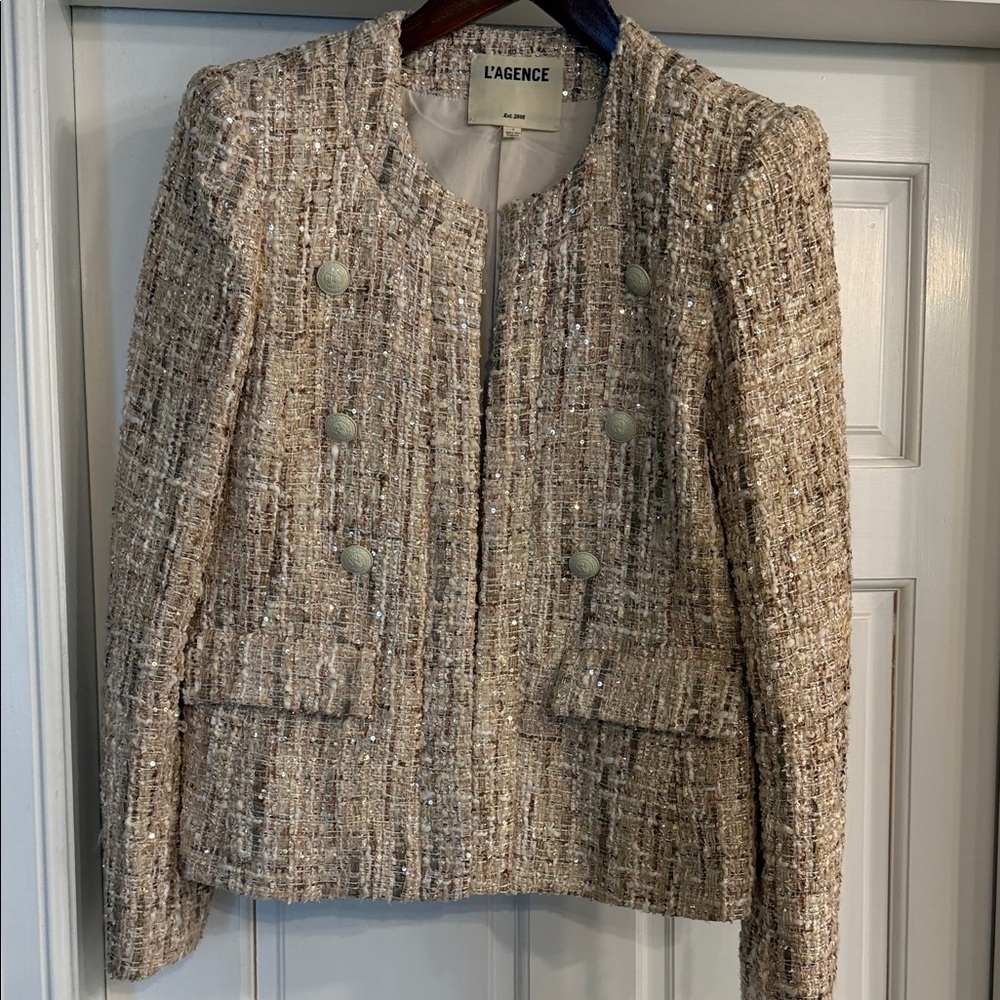 L'AGENCE Beige Metallic Tweed Jacket with Beautifully detailed cream buttons,